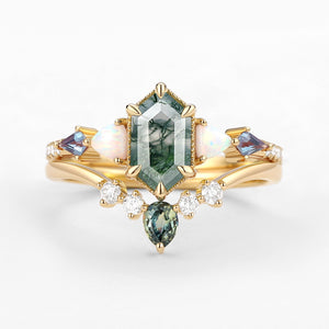 Hexagon Moss Agate & Opal & Alexandrite & Teal Sapphire Engagement Ring Set 2PCS