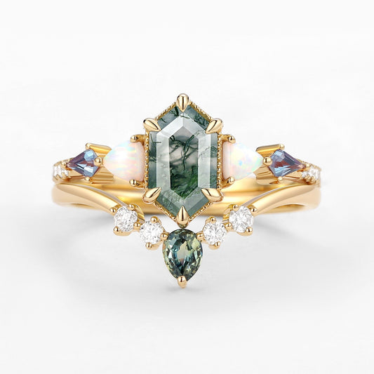Sylvie’s Mosaic | Hexagon Cut Moss Agate, Opal, Alexandrite & Teal Sapphire Bridal Set 2pcs