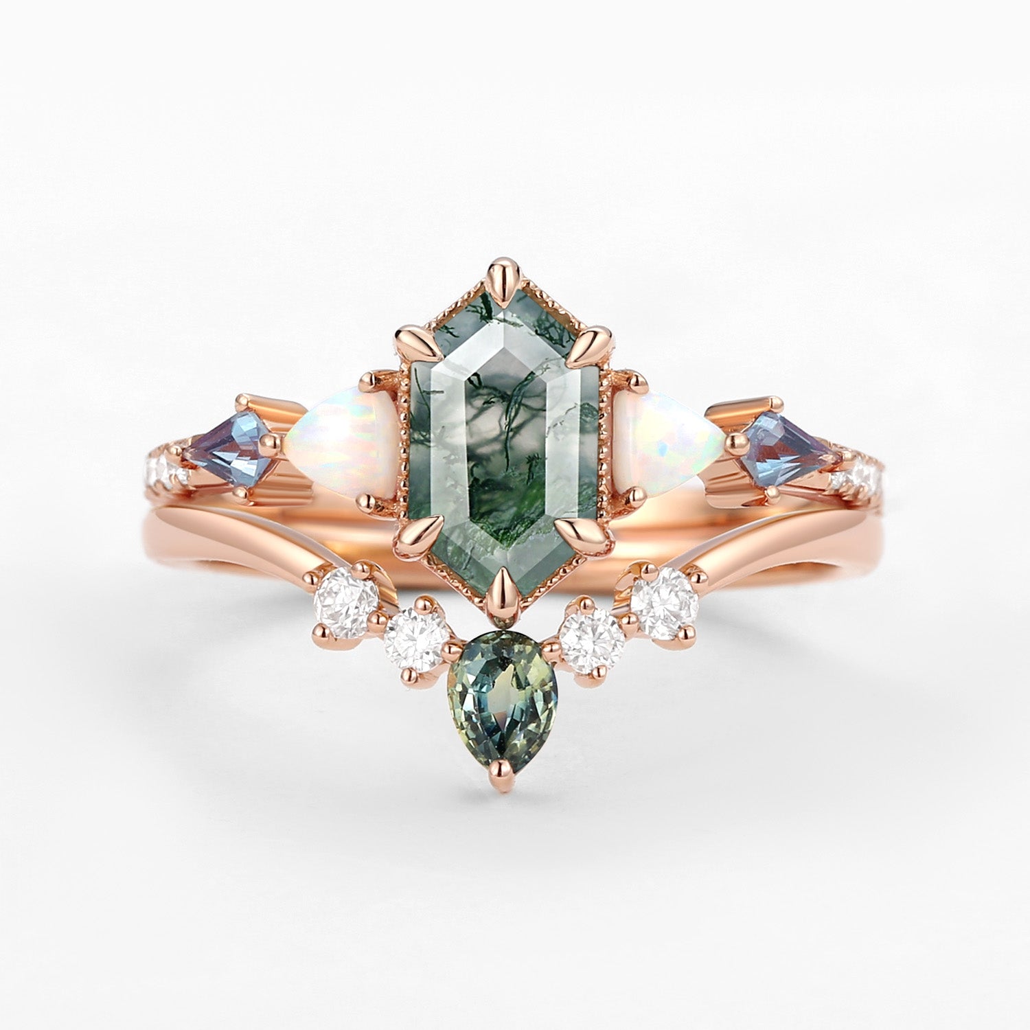 Hexagon Moss Agate & Opal & Alexandrite & Teal Sapphire Engagement Ring Set 2PCS