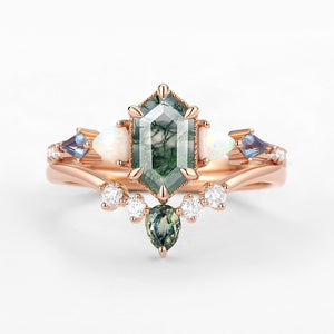 Hexagon Moss Agate & Opal & Alexandrite & Teal Sapphire Engagement Ring Set 2PCS