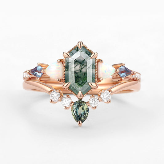 Hexagon Moss Agate & Opal & Alexandrite & Teal Sapphire Engagement Ring Set 2PCS