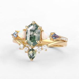 Hexagon Moss Agate & Opal & Alexandrite & Teal Sapphire Engagement Ring Set 2PCS