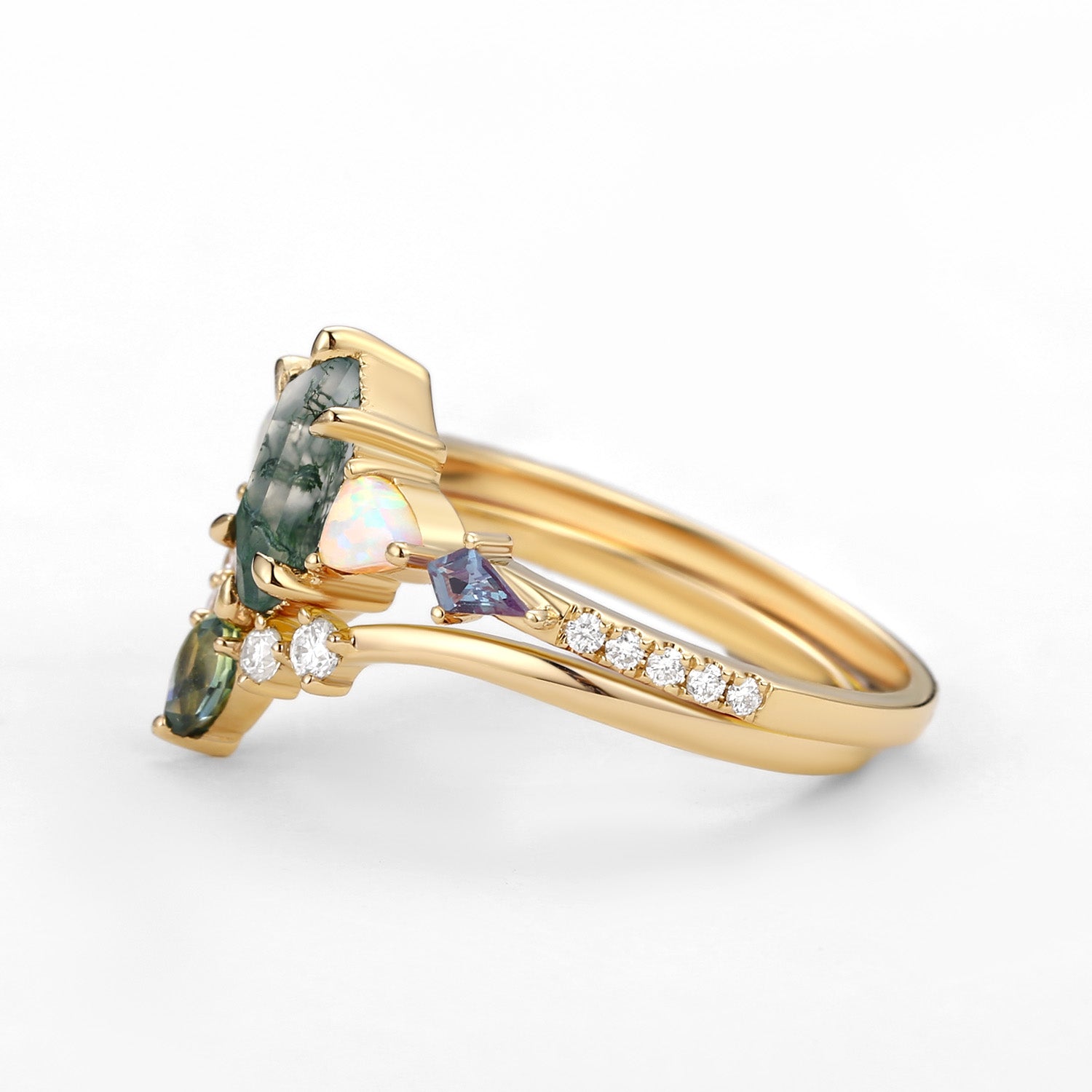 Hexagon Moss Agate & Opal & Alexandrite & Teal Sapphire Engagement Ring Set 2PCS