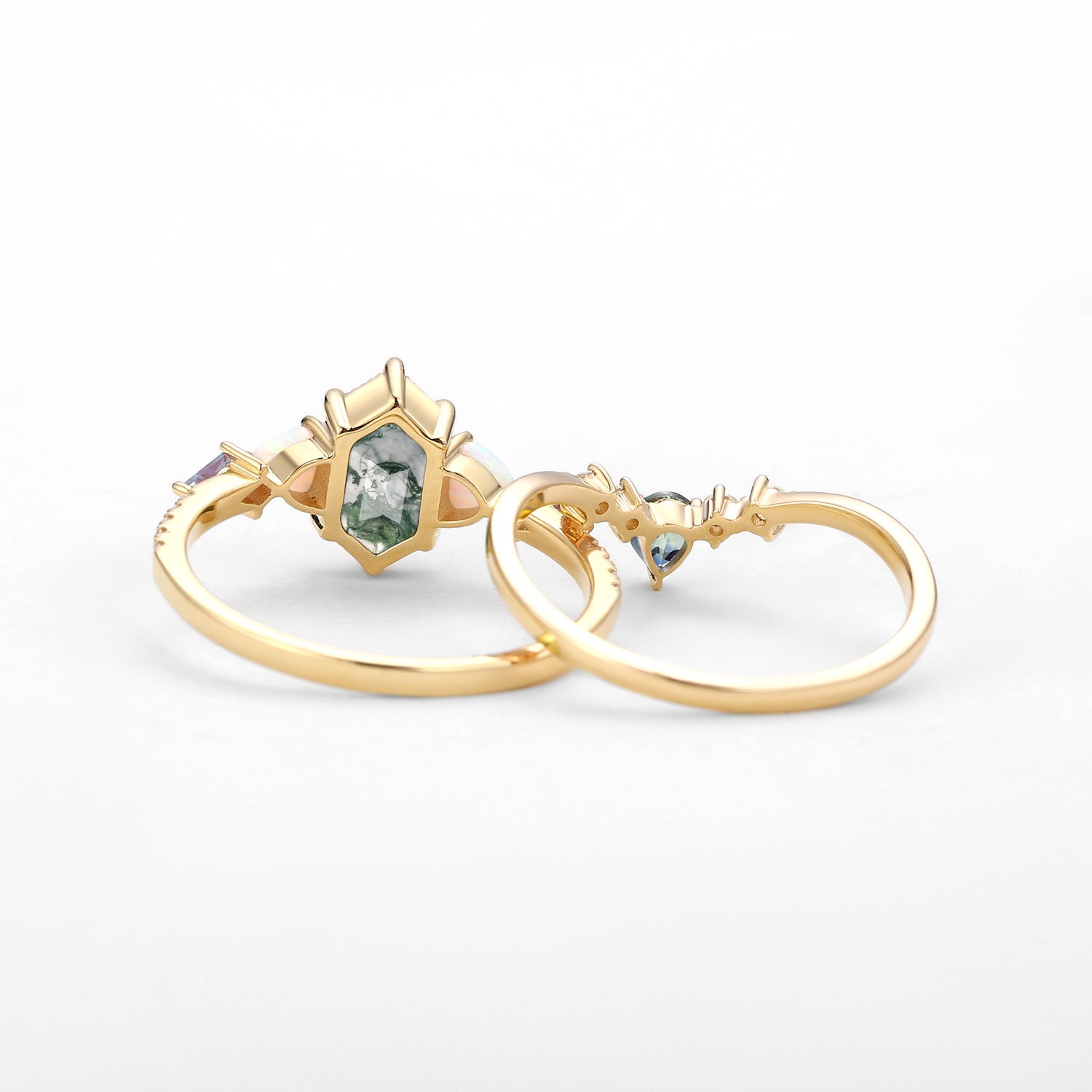 Hexagon Moss Agate & Opal & Alexandrite & Teal Sapphire Engagement Ring Set 2PCS