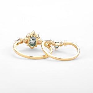 Hexagon Moss Agate & Opal & Alexandrite & Teal Sapphire Engagement Ring Set 2PCS