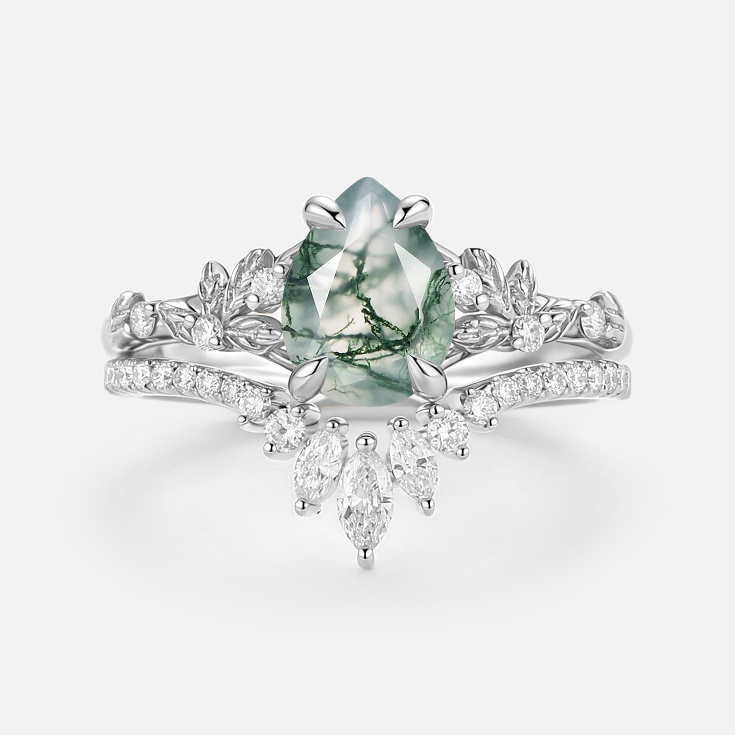 Pear Cut Leafy Moss Agate Engagement Ring Set 2pcs - Kestrel