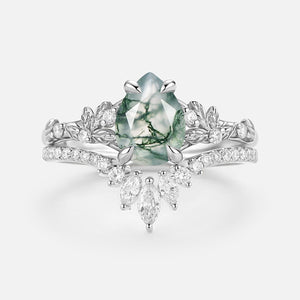 Pear Cut Leafy Moss Agate Engagement Ring Set 2pcs - Kestrel