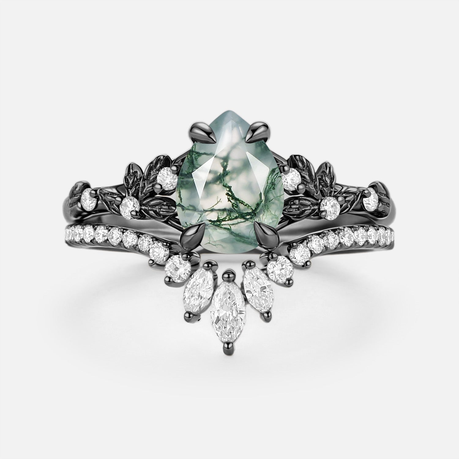 Pear Cut Leafy Moss Agate Engagement Ring Set 2pcs - Kestrel