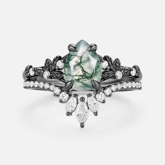 Kestrel Pear Cut Leafy Moss Agate Engagement Ring Set 2pcs