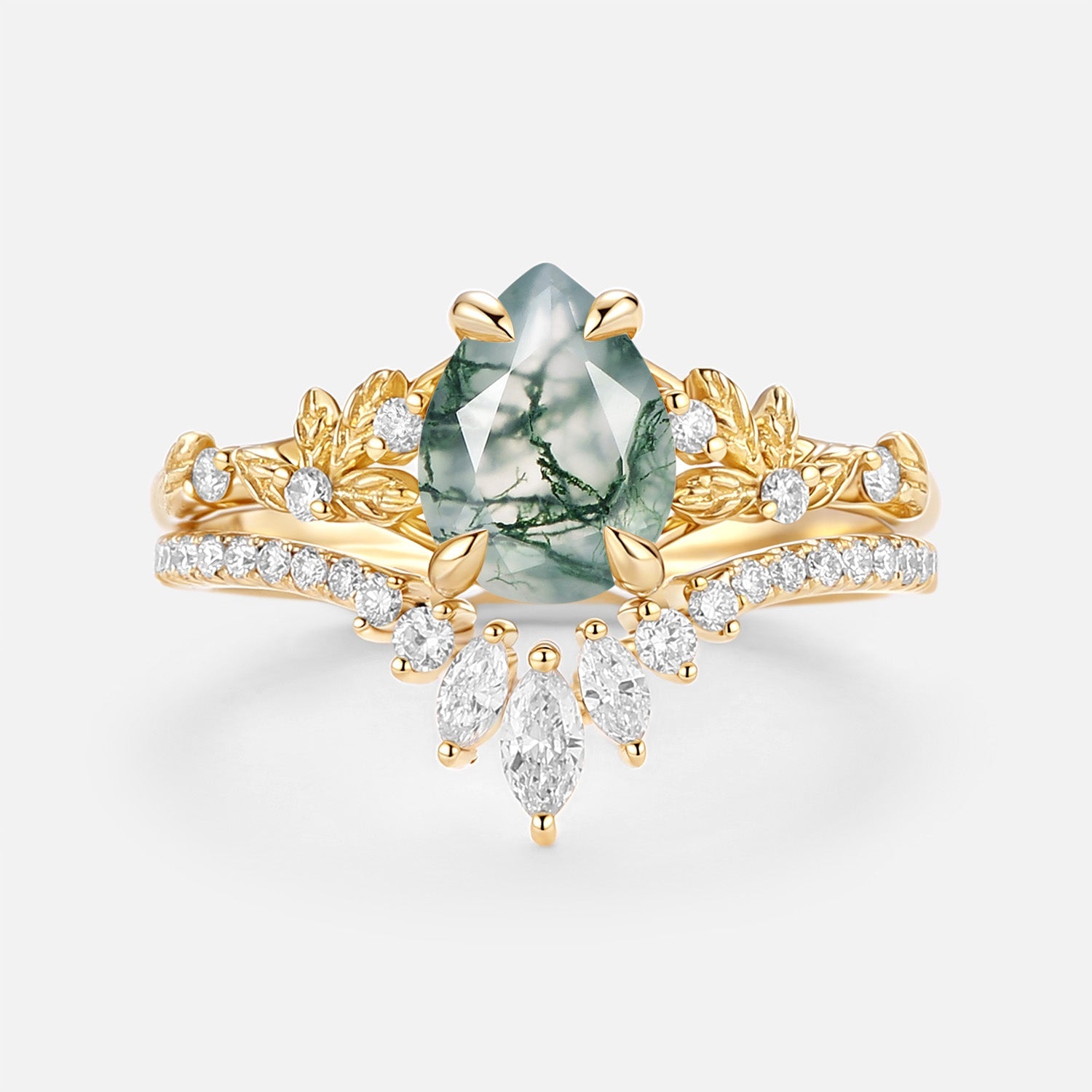 Pear Cut Leafy Moss Agate Engagement Ring Set 2pcs - Kestrel