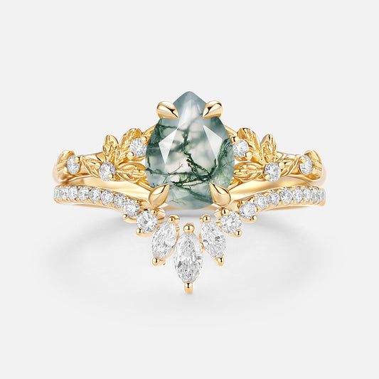 Pear Cut Leafy Moss Agate Engagement Ring Set 2pcs - Kestrel