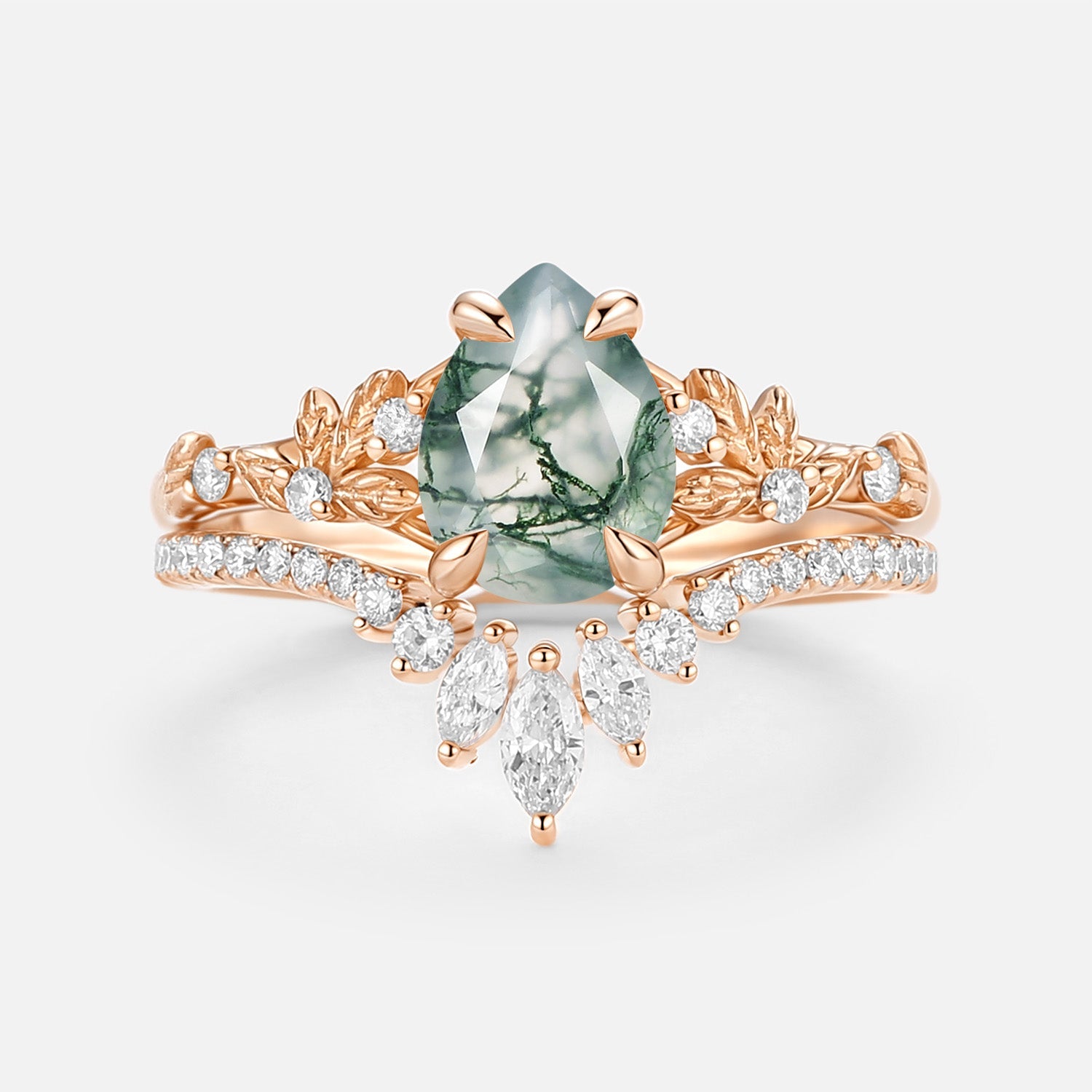 Pear Cut Leafy Moss Agate Engagement Ring Set 2pcs - Kestrel