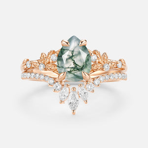 Pear Cut Leafy Moss Agate Engagement Ring Set 2pcs - Kestrel