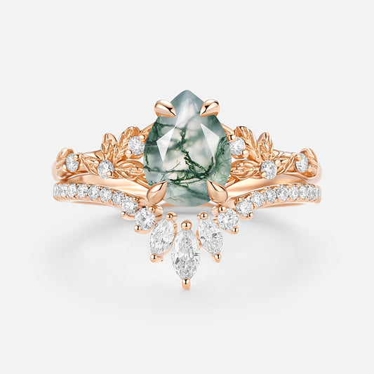 Pear Cut Leafy Moss Agate Engagement Ring Set 2pcs - Kestrel