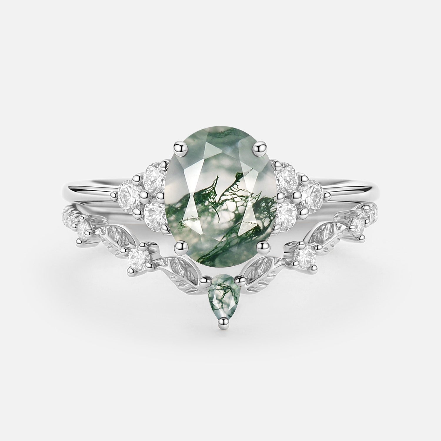 Moss Agate Oval Cut Leaf Ring Set 2pcs - Thalyn