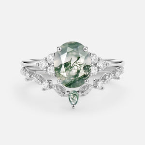 Moss Agate Oval Cut Leaf Ring Set 2pcs - Thalyn