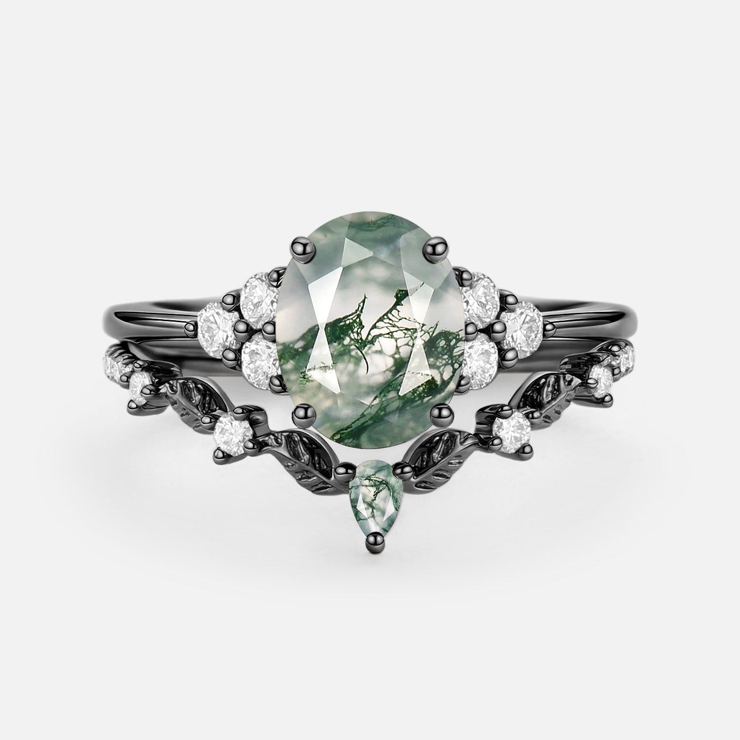 Moss Agate Oval Cut Leaf Ring Set 2pcs - Thalyn