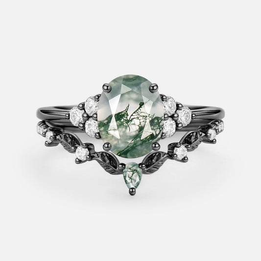 Thalyn Moss Agate Oval Cut Leaf Ring Set 2pcs