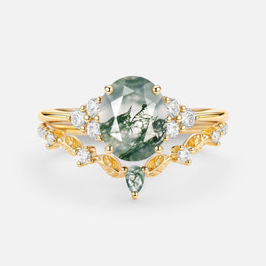 Moss Agate Oval Cut Leaf Ring Set 2pcs - Thalyn