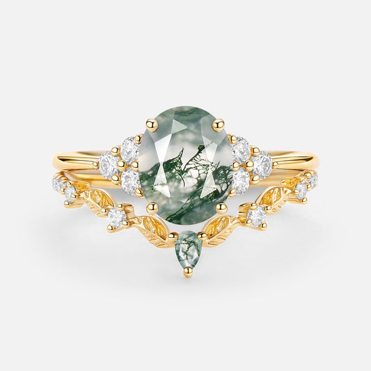 Moss Agate Oval Cut Leaf Ring Set 2pcs - Thalyn