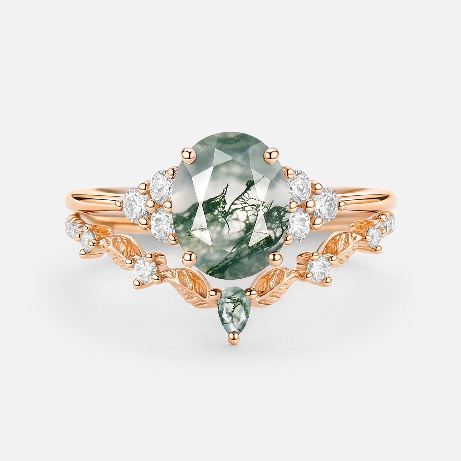 Moss Agate Oval Cut Leaf Ring Set 2pcs - Thalyn