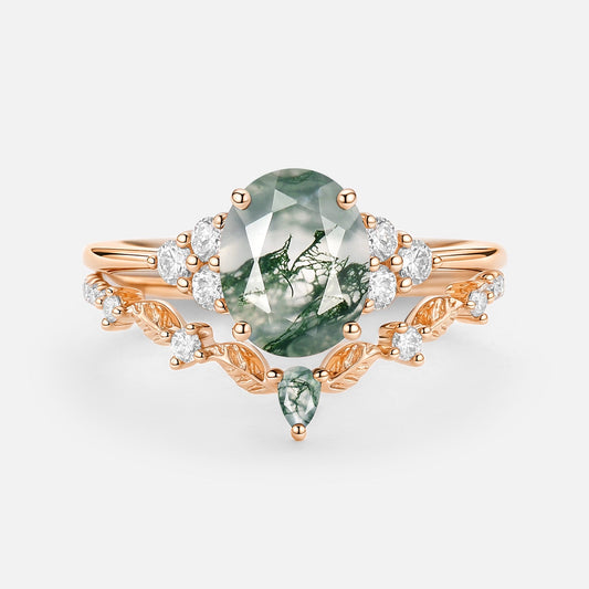 Moss Agate Oval Cut Leaf Ring Set 2pcs - Thalyn