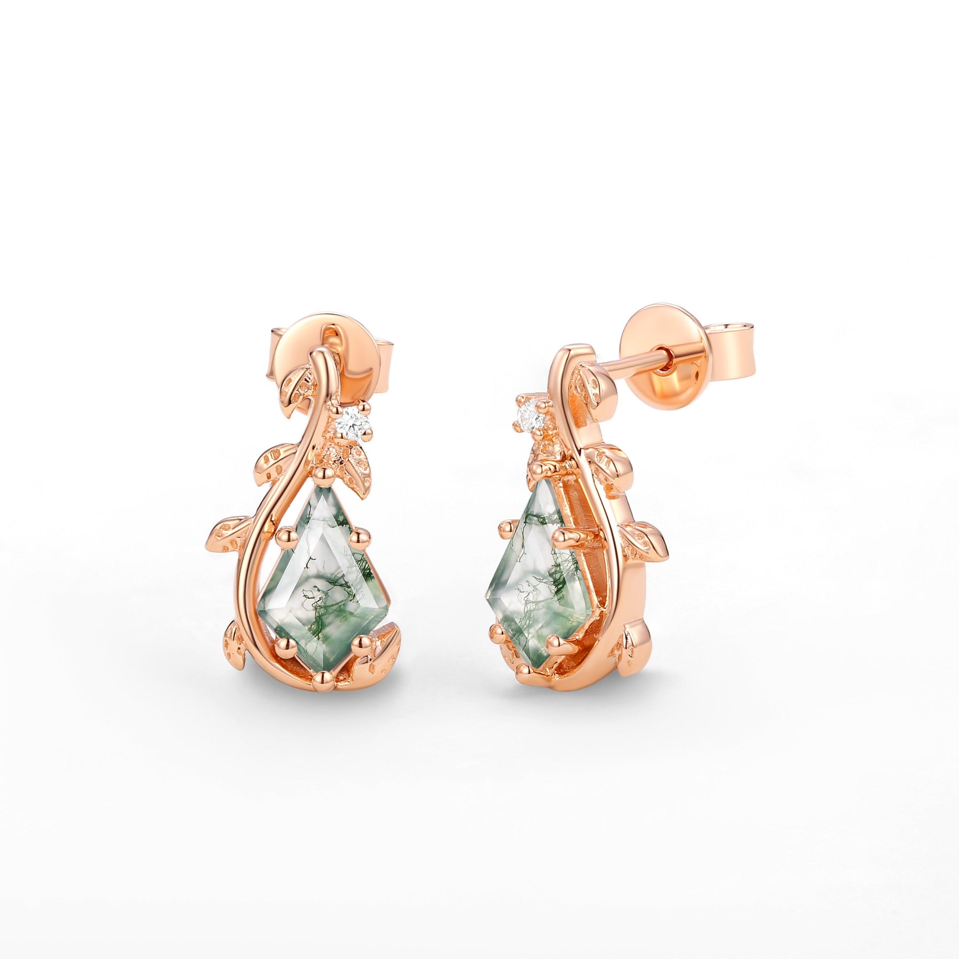 Nature Inspired - Unique Kite Cut Moss Agate Leafy Ring & Necklace & Earrings Sets 5PCS - Willow Jewelry Sets