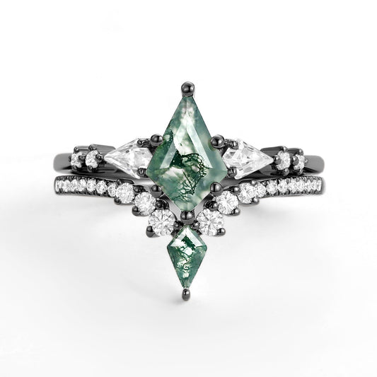 Twin Flames - Women Kite Moss Agate Wedding Ring Sets 2pcs - Zendaya
