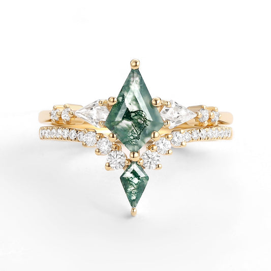 Zendaya Twin Flames Women Kite Moss Agate Wedding Ring Sets 2pcs