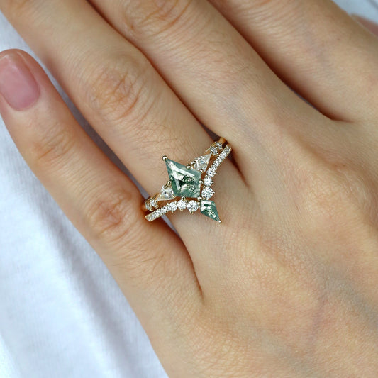 Twin Flames - Black Gold Women Kite Moss Agate Wedding Ring Sets 2pcs - Zendaya