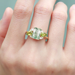 Nature Inspired Emerald Cut Moss Agate Double Pear Peridot Engagement Ring