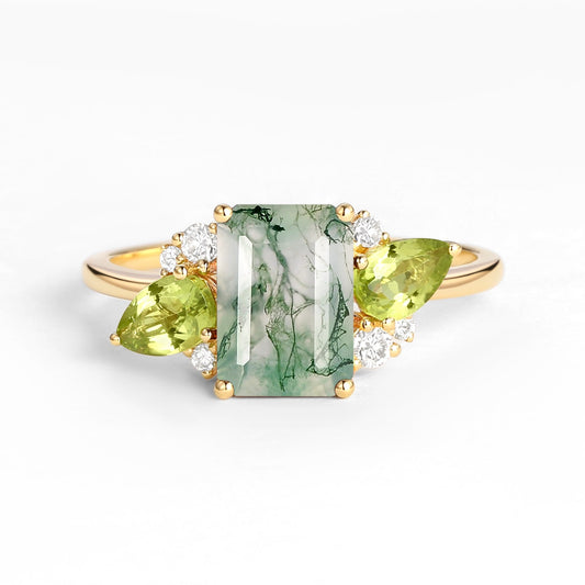 Nature Inspired Emerald Cut Moss Agate Double Pear Peridot Engagement Ring