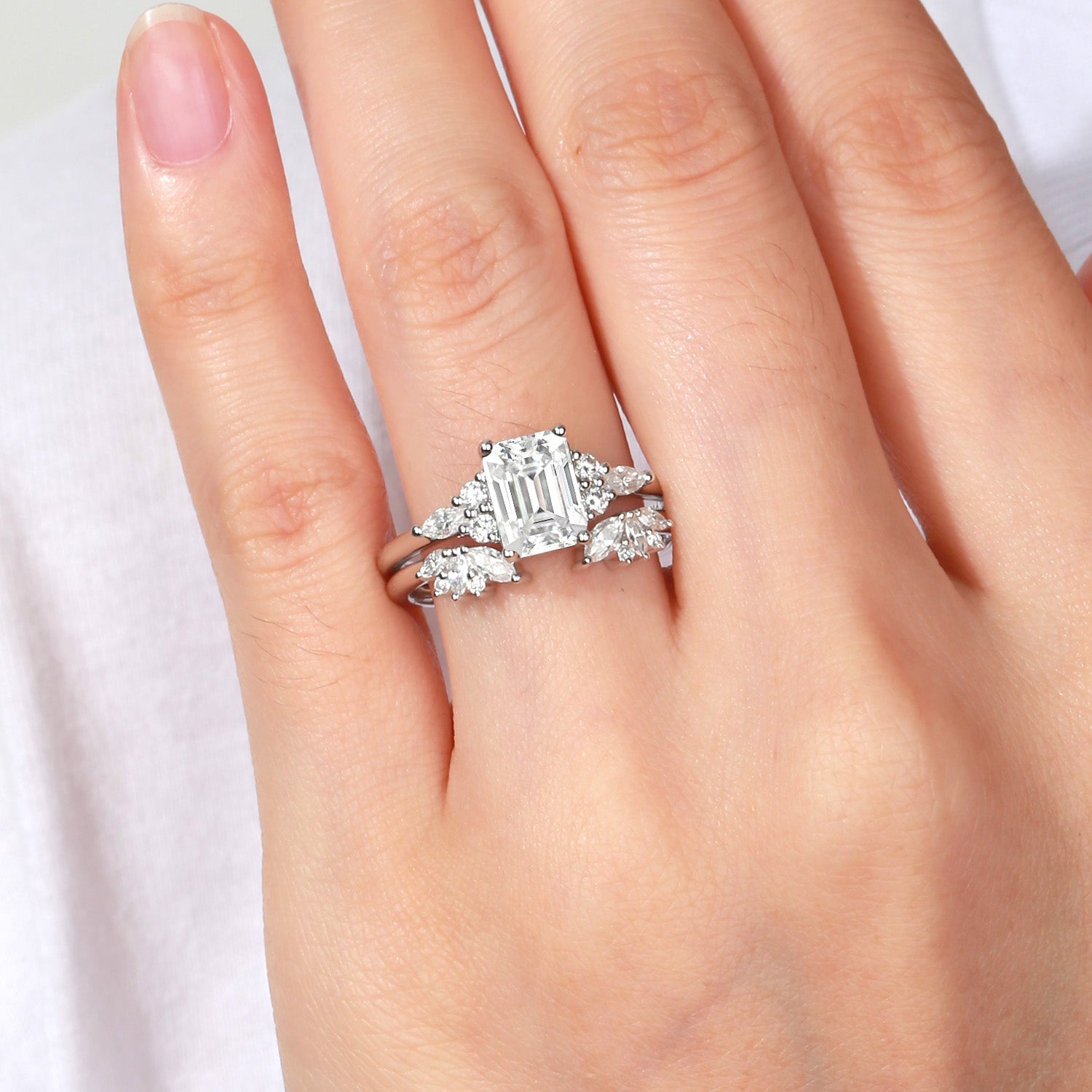 Emerald Cut Green Moss Agate Cluster Engagement Ring Set 2PCS