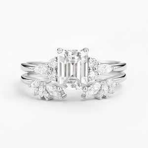 Emerald Cut Green Moss Agate Cluster Engagement Ring Set 2PCS