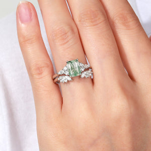 Emerald Cut Green Moss Agate Cluster Engagement Ring Set 2PCS