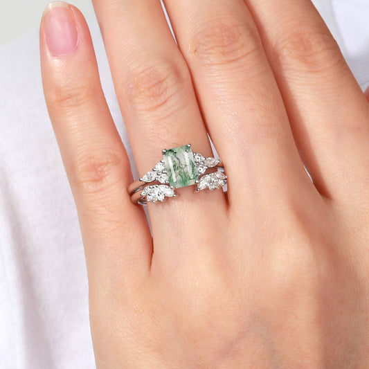 Emerald Cut Green Moss Agate Cluster Engagement Ring Set 2PCS