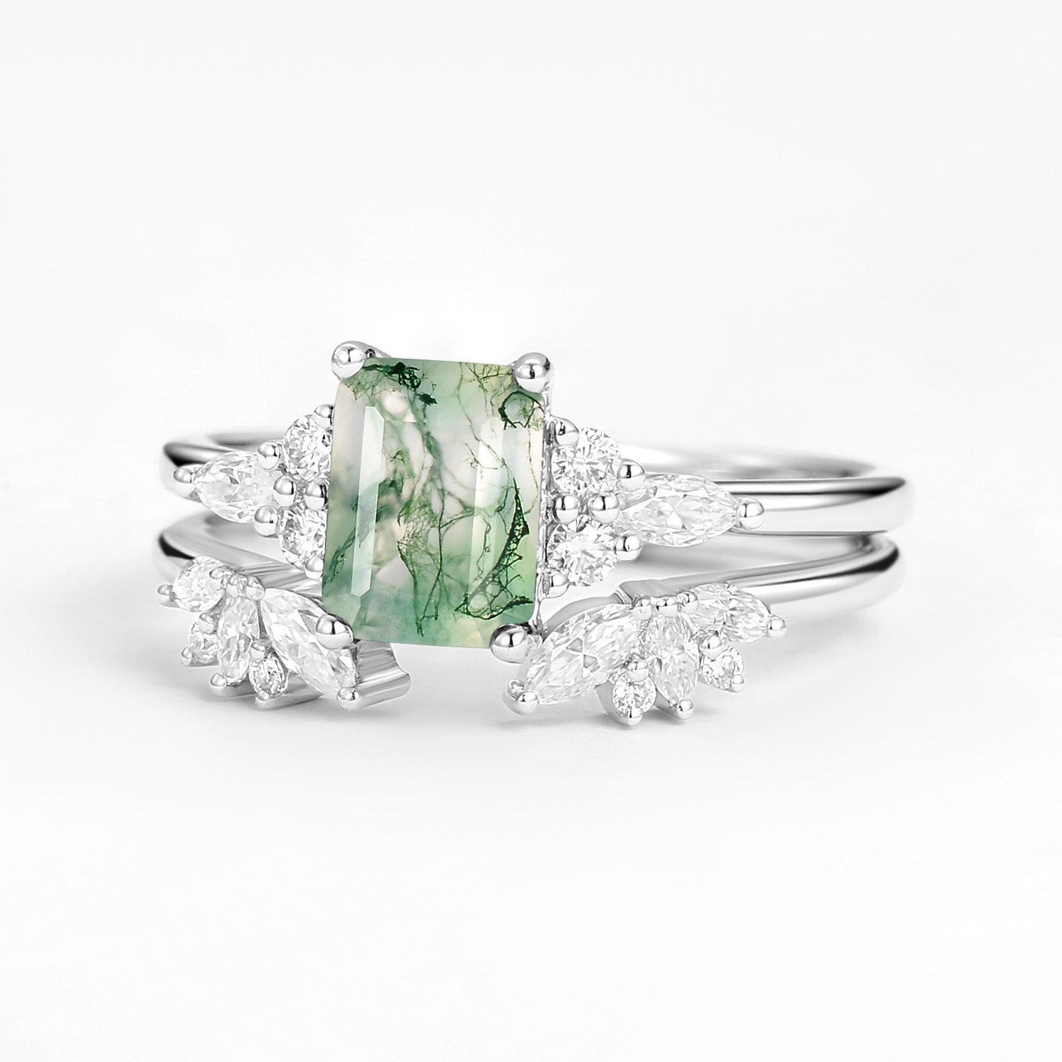 Emerald Cut Green Moss Agate Cluster Engagement Ring Set 2PCS
