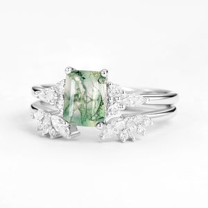Emerald Cut Green Moss Agate Cluster Engagement Ring Set 2PCS