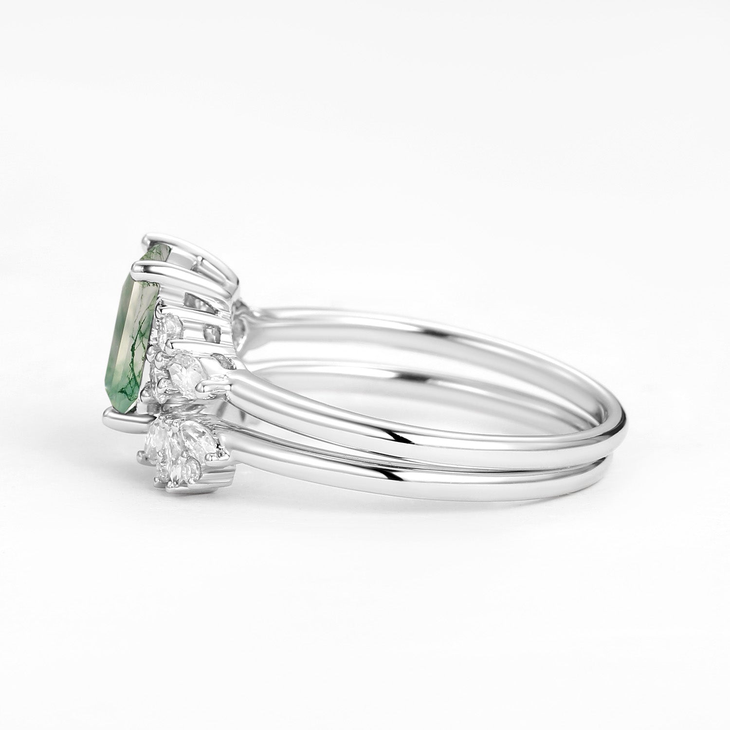 Emerald Cut Green Moss Agate Cluster Engagement Ring Set 2PCS