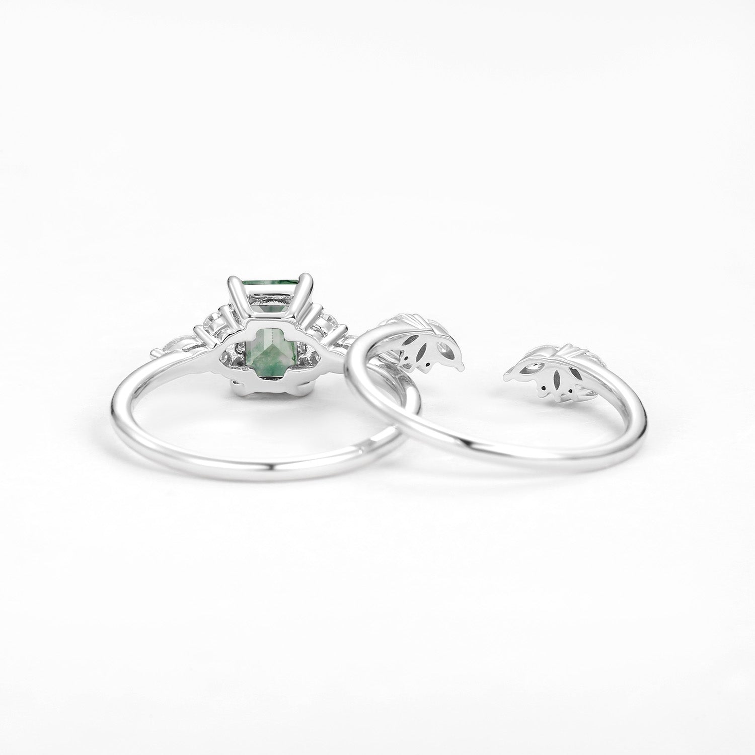Emerald Cut Green Moss Agate Cluster Engagement Ring Set 2PCS