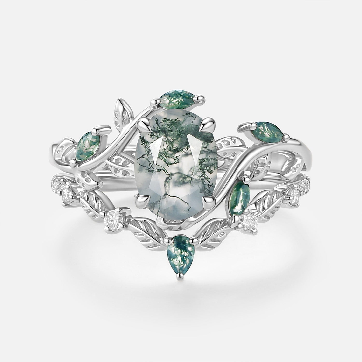 Oval Green Moss Agate Vine Engagement Ring Set 2pcs - Daphne