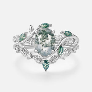 Oval Green Moss Agate Vine Engagement Ring Set 2pcs - Daphne
