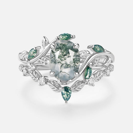 Oval Green Moss Agate Vine Engagement Ring Set 2pcs - Daphne