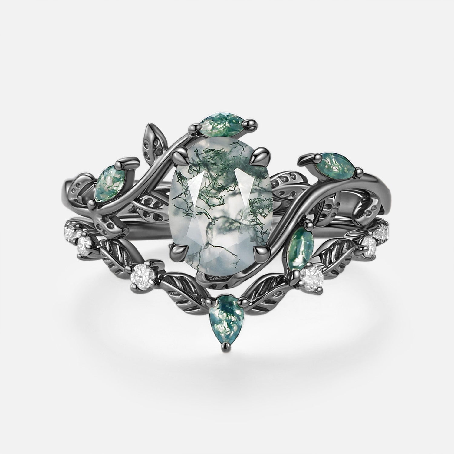 Oval Green Moss Agate Vine Engagement Ring Set 2pcs - Daphne