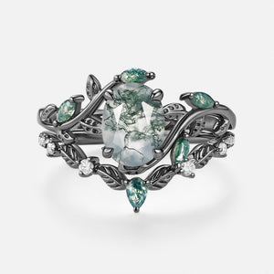 Oval Green Moss Agate Vine Engagement Ring Set 2pcs - Daphne