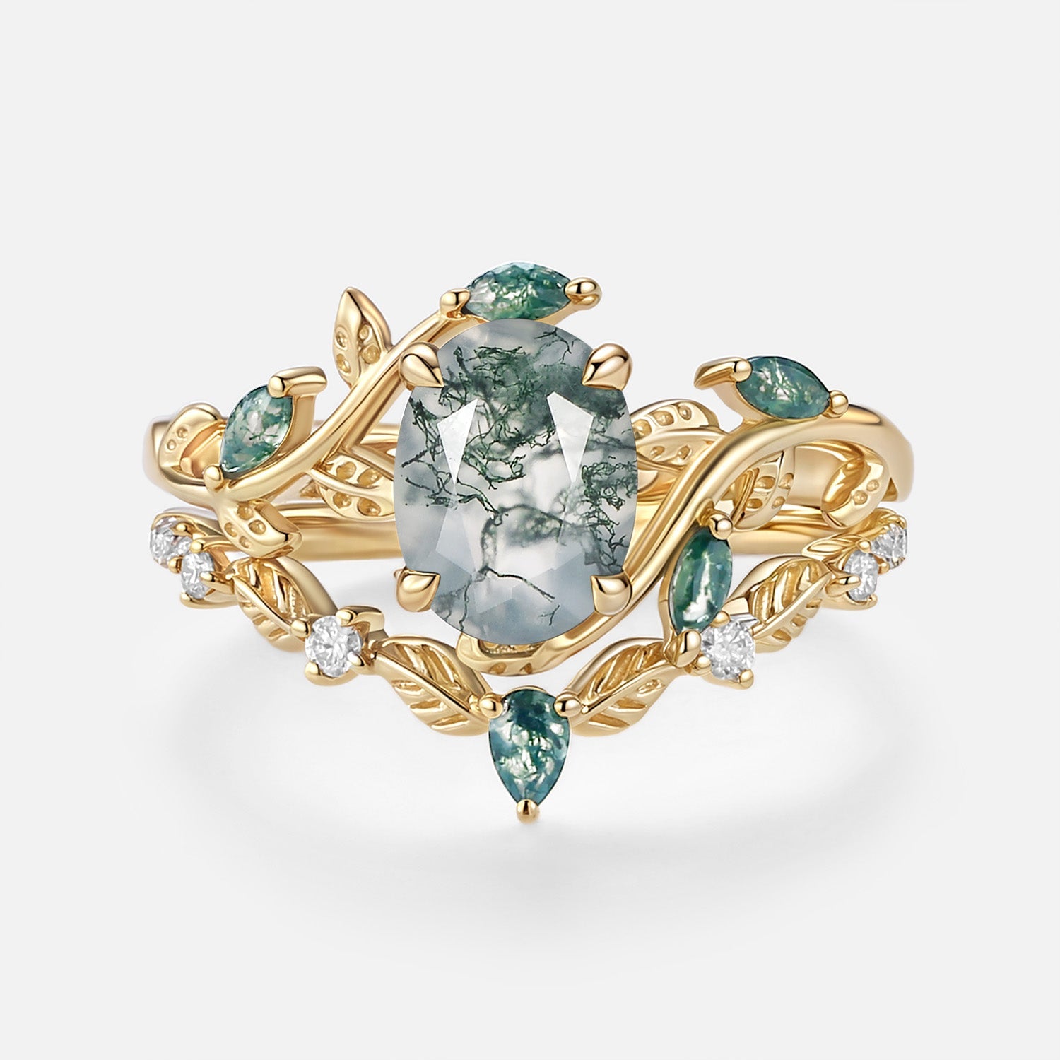 Oval Green Moss Agate Vine Engagement Ring Set 2pcs - Daphne