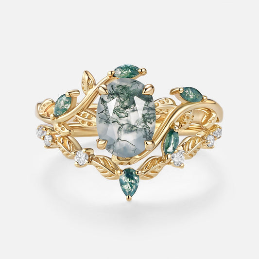 Oval Green Moss Agate Vine Engagement Ring Set 2pcs - Daphne