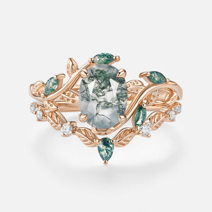Oval Green Moss Agate Vine Engagement Ring Set 2pcs - Daphne