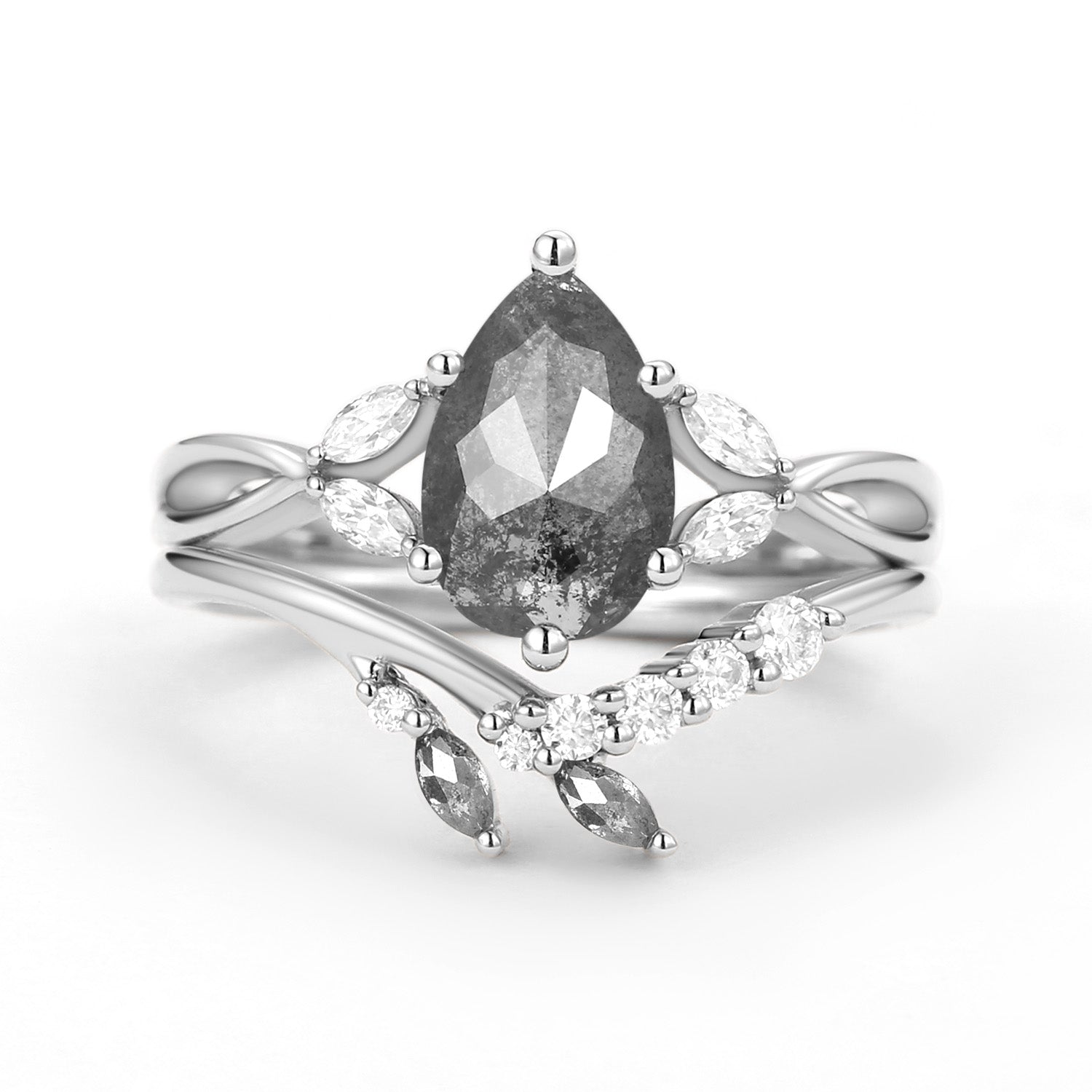 Twig Pear Shaped Moss Agate Bridal Ring Set 2pcs