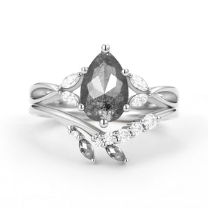 Twig Pear Shaped Moss Agate Bridal Ring Set 2pcs